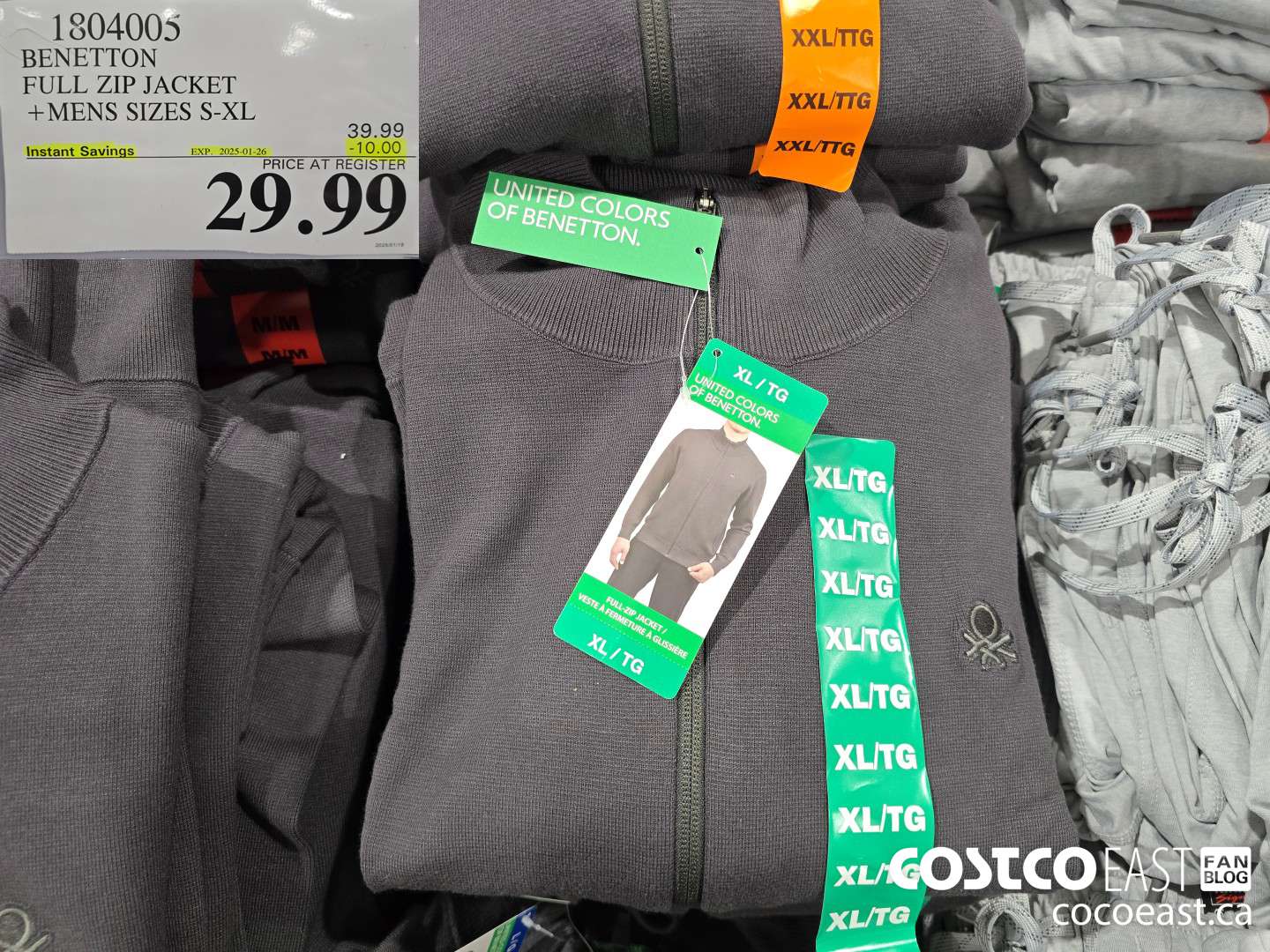 1804005 BENETTON FULL ZIP JACKET +MENS SIZES S-XXL ($10.00 INSTANT SAVINGS EXPIRES ON 2025-01-26) $29.99
