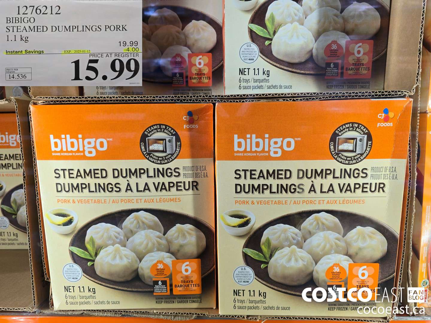 1276212 BIBIGO STEAMED DUMPLINGS PORK 1.1 KG ($4.00 INSTANT SAVINGS EXPIRES ON 2025-01-12) $15.99