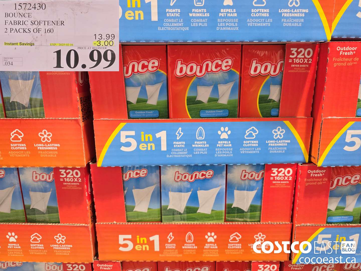 1572430 BOUNCE FABRIC SOFTENER 2 PACKS OF 160 ($3.00 INSTANT SAVINGS EXPIRES ON 2025-02-16) $10.99