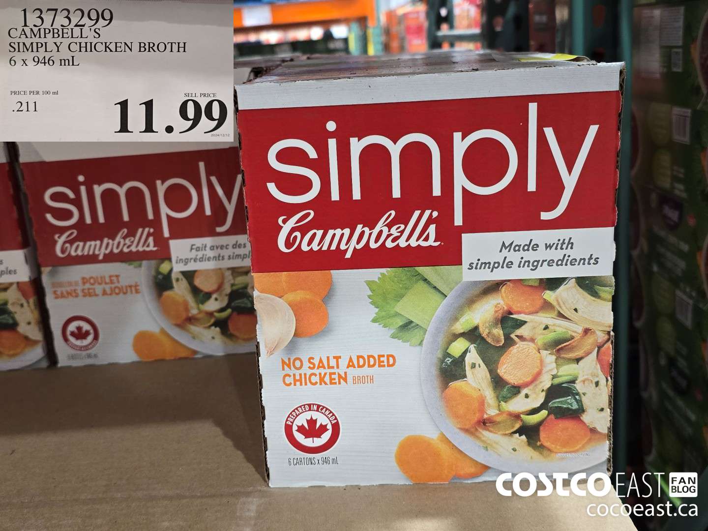 1373299 CAMPBELL'S SIMPLY CHICKEN BROTH 6 x 946 mL $11.99
