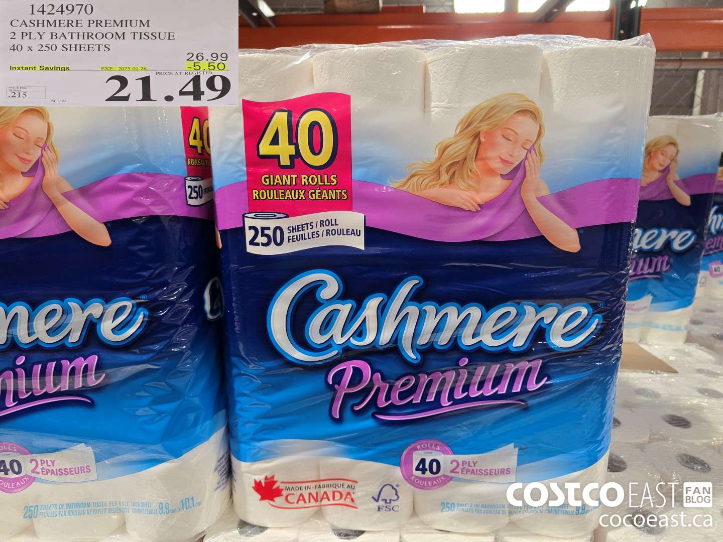 1424970 CASHMERE PREMIUM 2 PLY BATHROOM TISSUE 40 x 250 sheets ($5.50 INSTANT SAVINGS EXPIRES ON 2025-01-26) $21.49