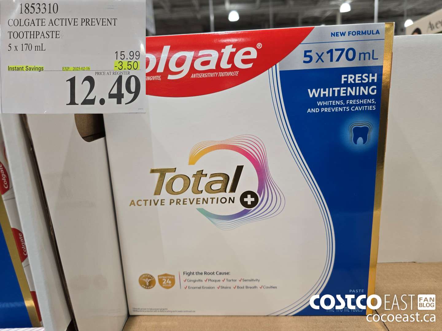 1853310 COLGATE ACTIVE PREVENT TOOTHPASTE 5 x 170 mL ($3.50 INSTANT SAVINGS EXPIRES ON 2025-02-16) $12.49
