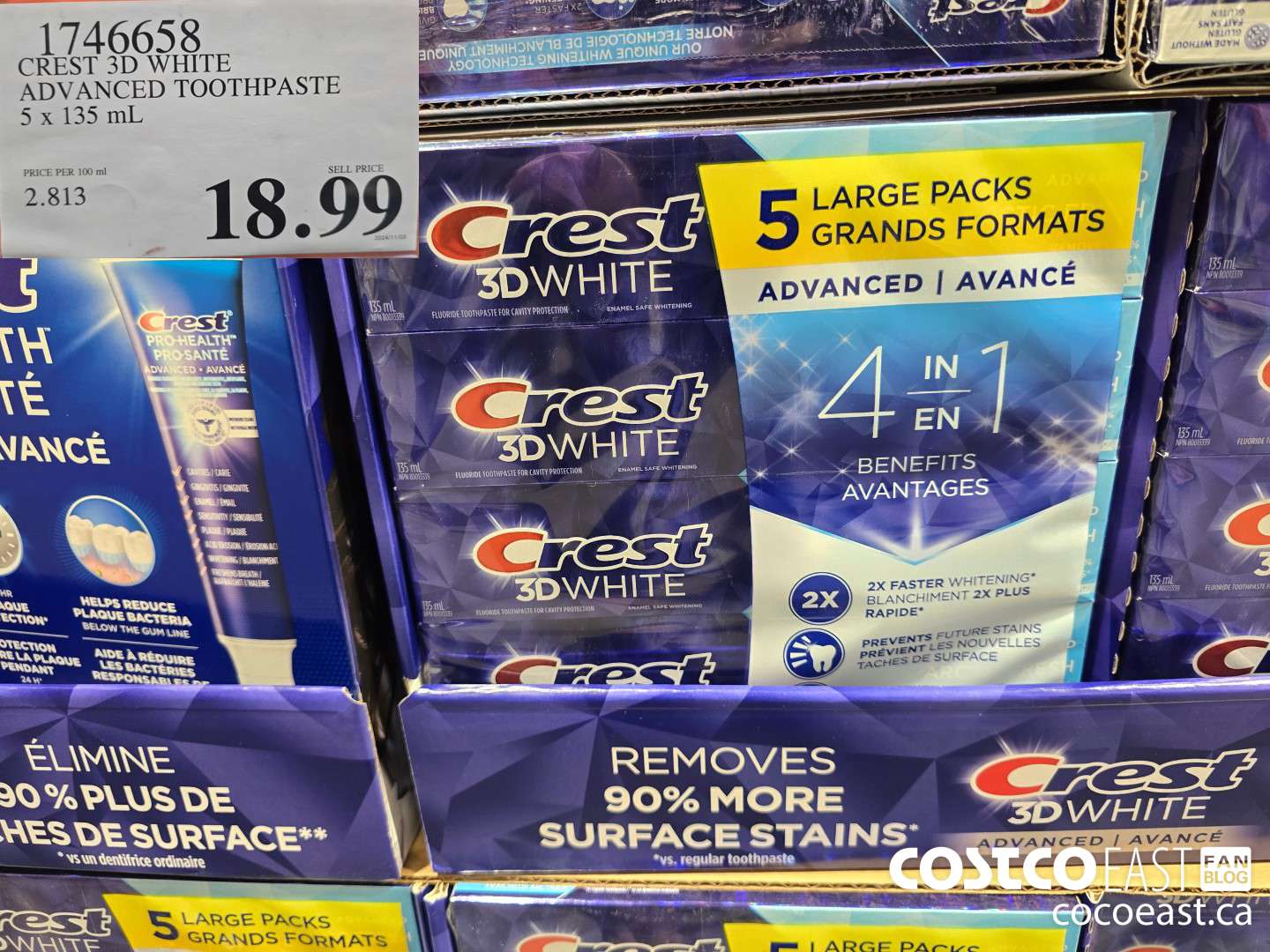 1746658 CREST 3D WHITE ADVANCED TOOTHPASTE 5 X 135 ML $18.99