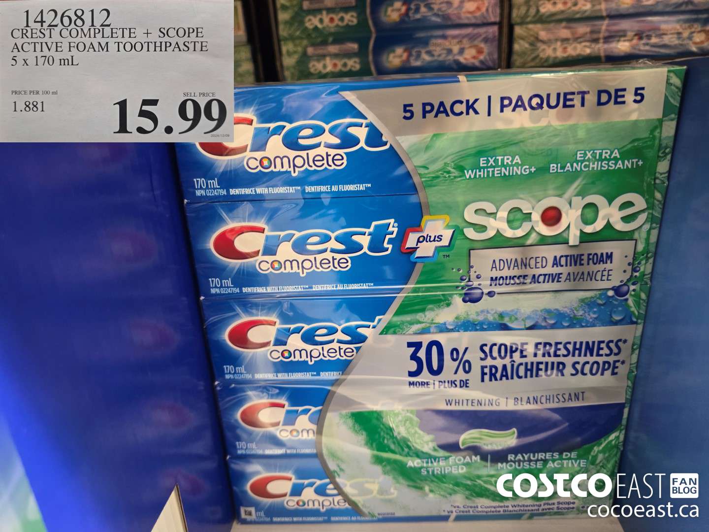 1426812 CREST COMPLETE + SCOPE ACTIVE FOAM TOOTHPASTE 5 X 170 ML $15.99