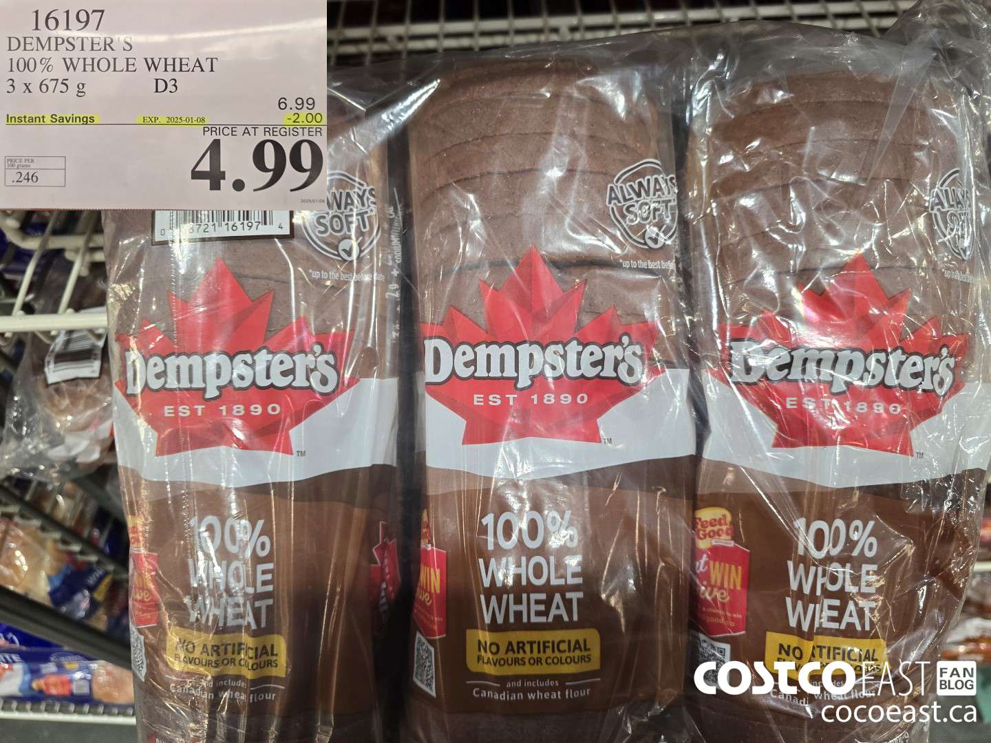 16197 DEMPSTER'S 100% WHOLE WHEAT 3 X 675 G ($2.00 INSTANT SAVINGS EXPIRES ON 2025-01-08) $4.99