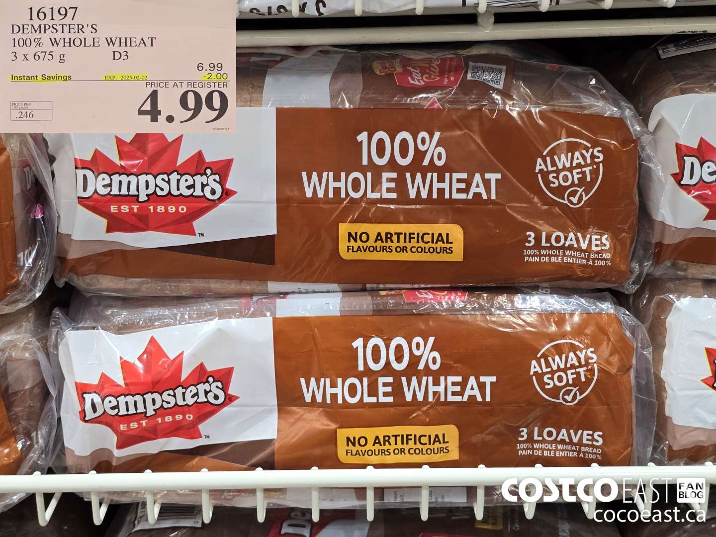 16197 DEMPSTER'S 100% WHOLE WHEAT 3 X 675 G ($2.00 INSTANT SAVINGS EXPIRES ON 2025-02-02) $4.99