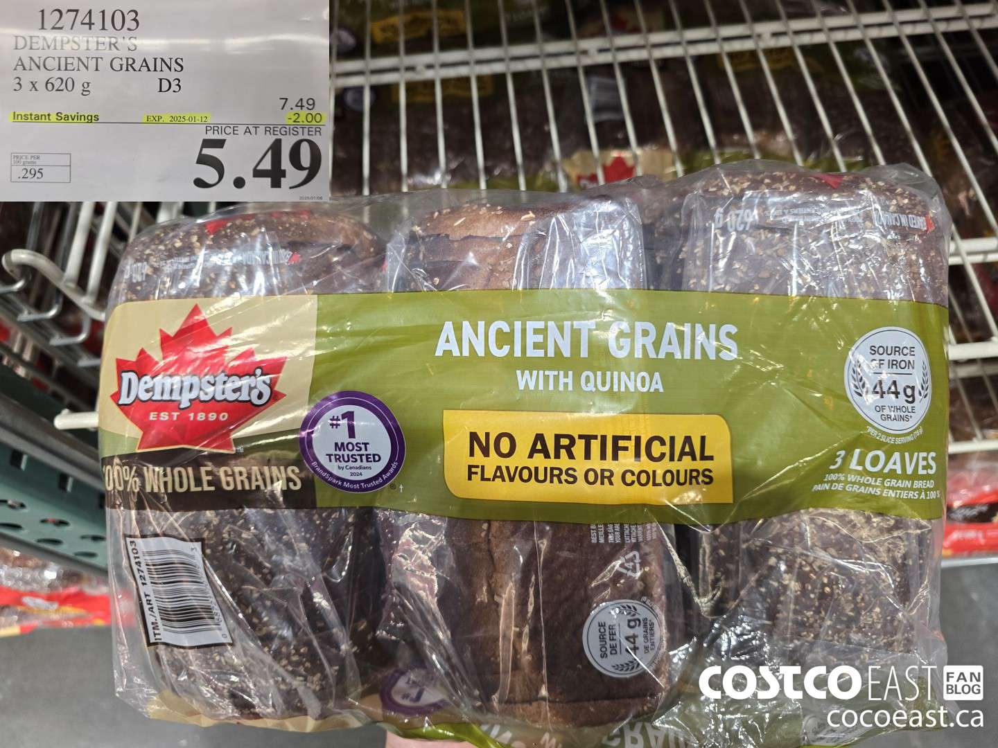 1274103 DEMPSTER'S ANCIENT GRAINS 3 X 620 G ($2.00 INSTANT SAVINGS EXPIRES ON 2025-01-12) $5.49
