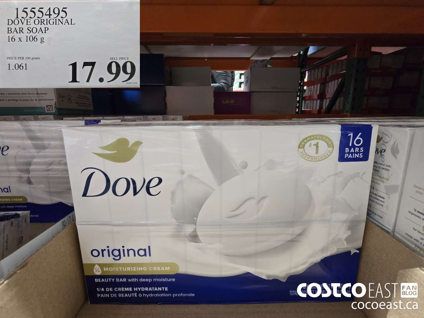 1555495 DOVE BAR SOAP ORIGINAL 16 x 106 g $17.99