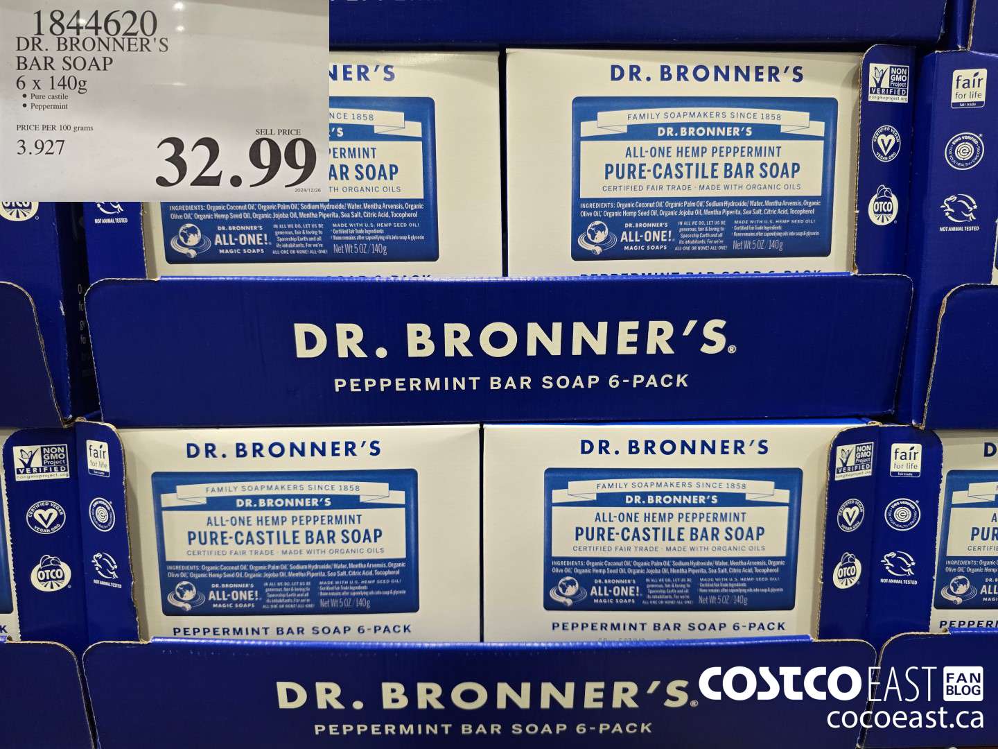 1844620 DR. BRONNER'S BAR SOAP 6 x 140g $32.99