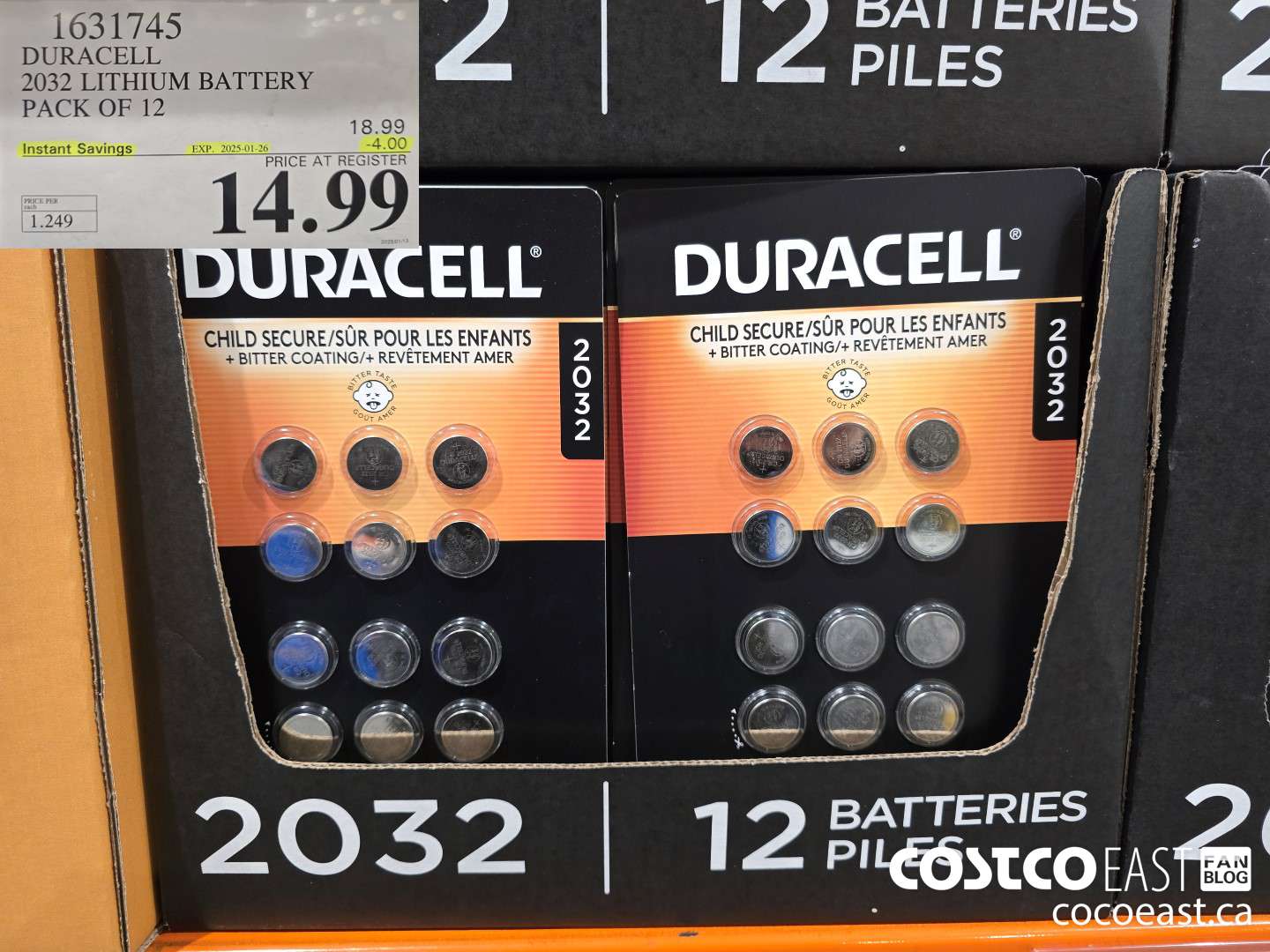 1631745 DURACELL 2032 LITHIUM BATTERY PACK OF 12 ($4.00 INSTANT SAVINGS EXPIRES ON 2025-01-26) $14.99