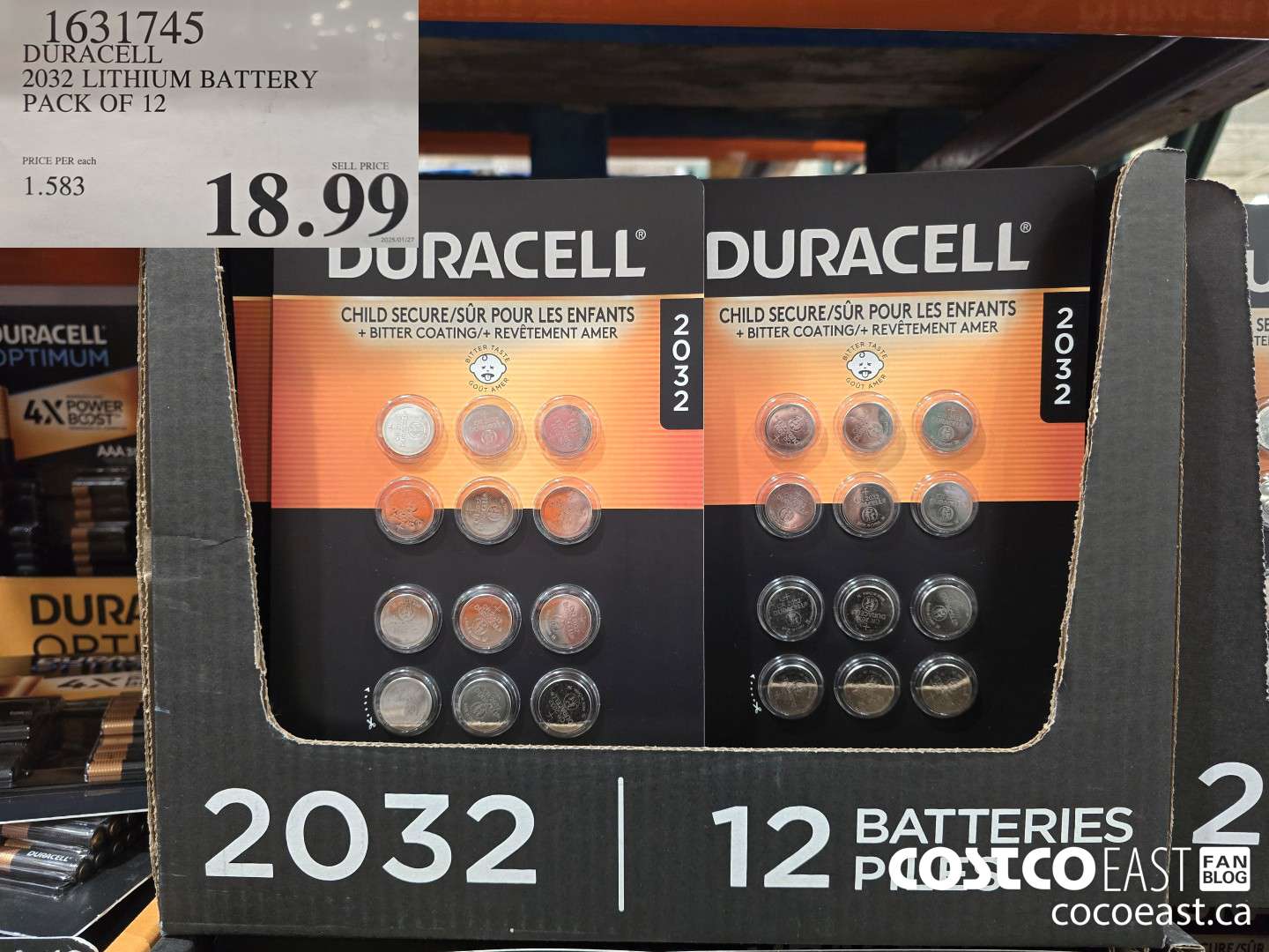 1631745 DURACELL 2032 LITHIUM BATTERY PACK OF 12 $18.99