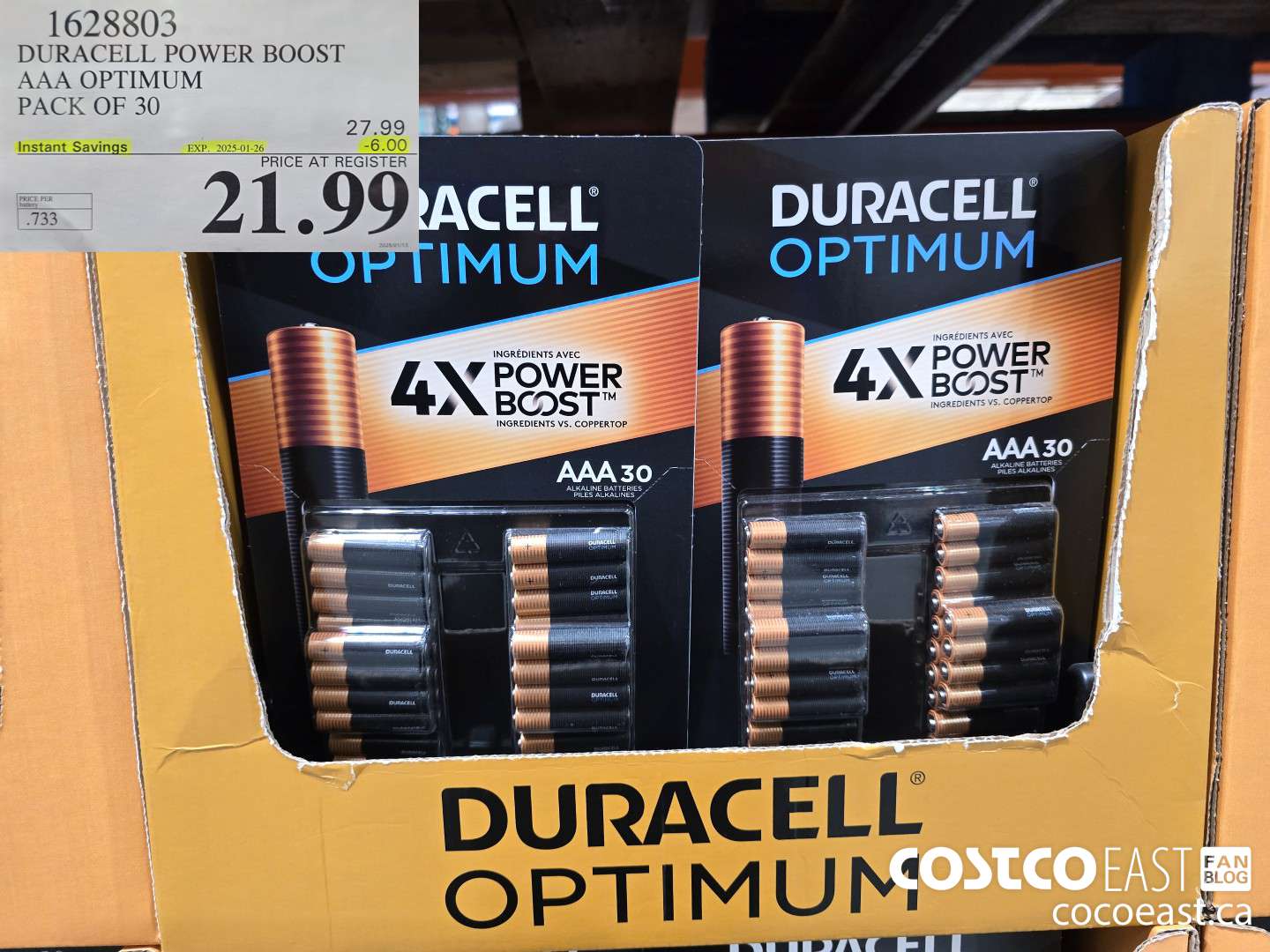 1628803 DURACELL POWER BOOST AAA OPTIMUM PACK OF 30 ($6.00 INSTANT SAVINGS EXPIRES ON 2025-01-26) $21.99