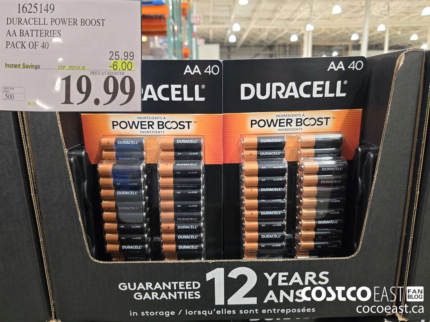 1625149 DURACELL POWER BOOST AA BATTERIES PACK OF 40 ($6.00 INSTANT SAVINGS EXPIRES ON 2025-01-26) $19.99