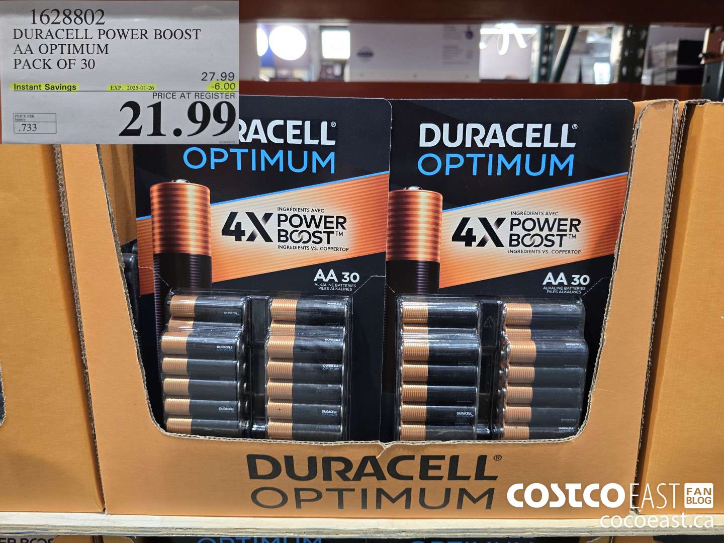 1628802 DURACELL POWER BOOST AA OPTIMUM PACK OF 30 ($6.00 INSTANT SAVINGS EXPIRES ON 2025-01-26) $21.99