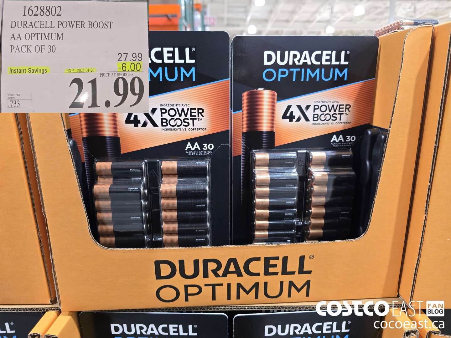 1628802 DURACELL POWER BOOST AA OPTIMUM PACK OF 30 ($6.00 INSTANT SAVINGS EXPIRES ON 2025-01-26) $21.99