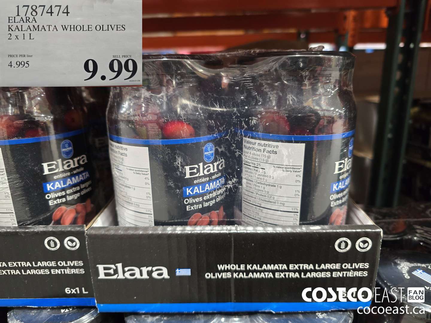 1787474 ELARA KALAMATA WHOLE OLIVES 2 X 1 L $9.99