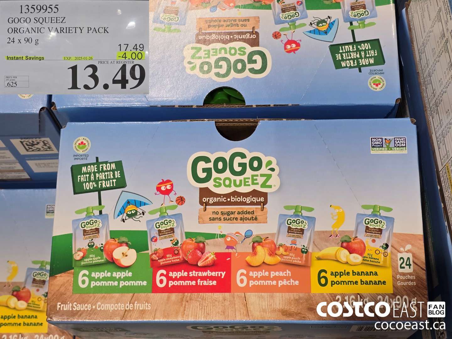 1359955 GOGO SQUEEZ ORGANIC VARIETY PACK 24 x 90 g ($4.00 INSTANT SAVINGS EXPIRES ON 2025-01-26) $13.49