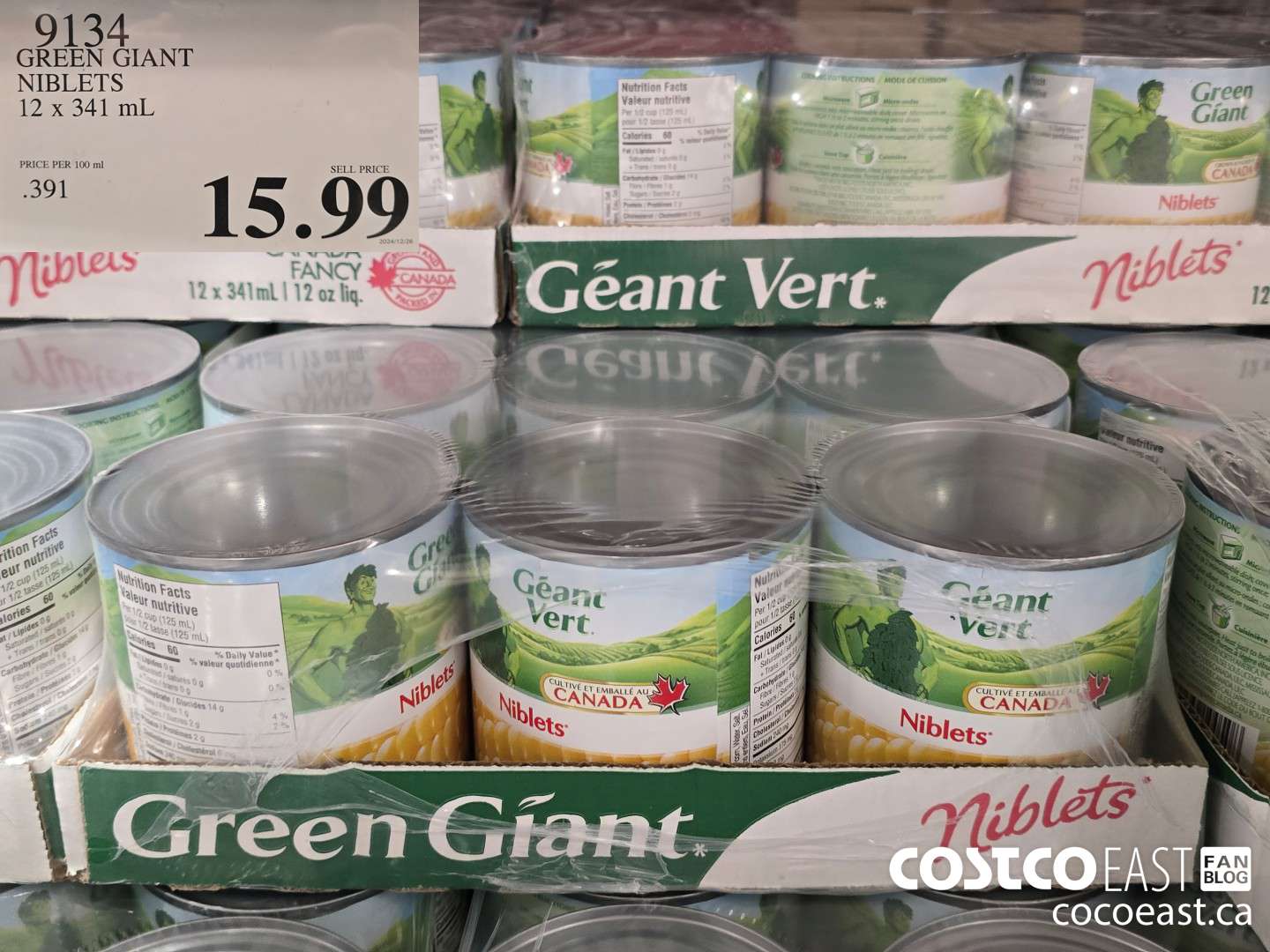 9134 GREEN GIANT CORN KERNEL NIBLETS 12 X 341 ML $15.99