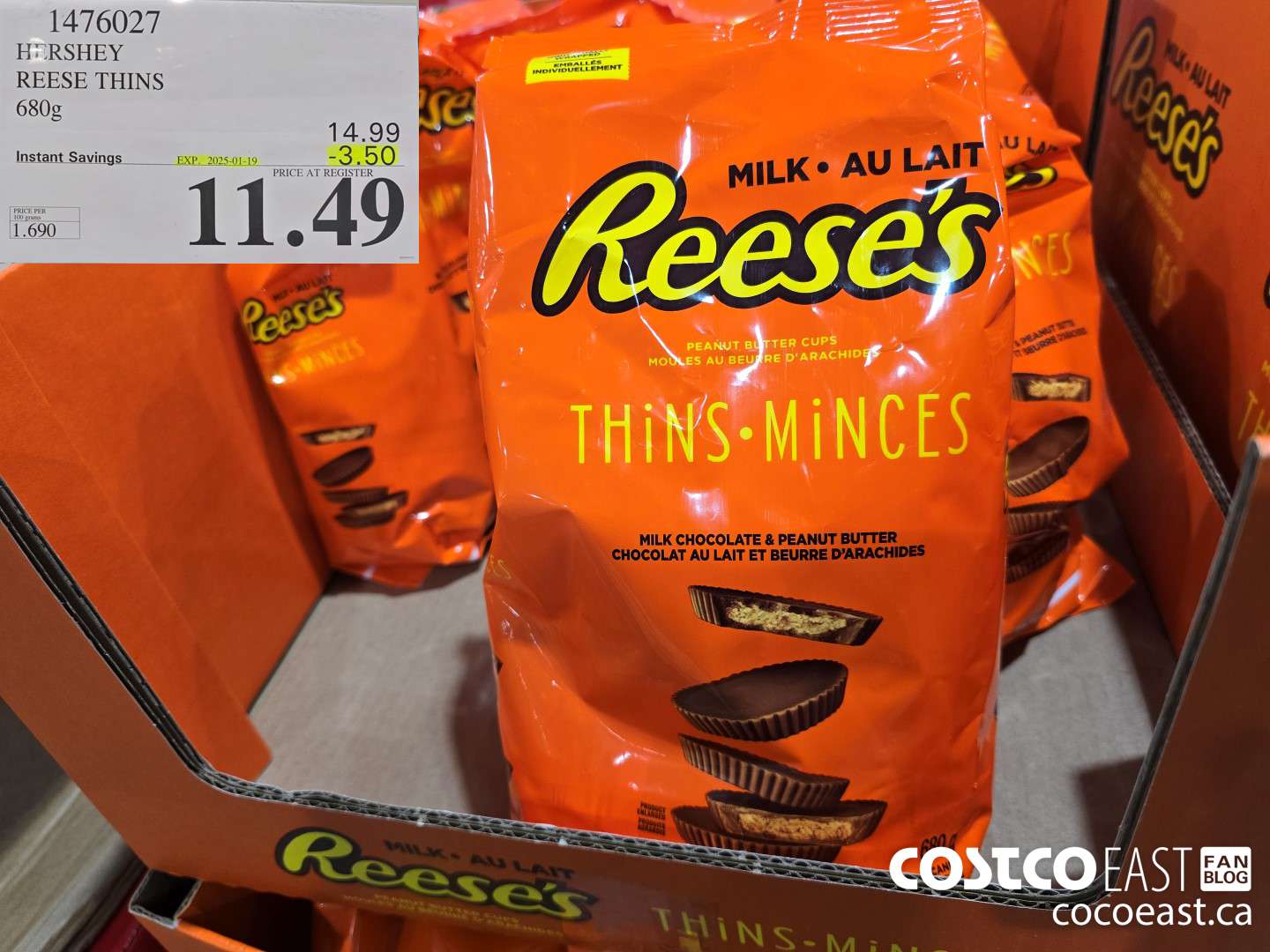 1476027 HERSHEY REESE THINS 680g ($3.50 INSTANT SAVINGS EXPIRES ON 2025-01-19) $11.49