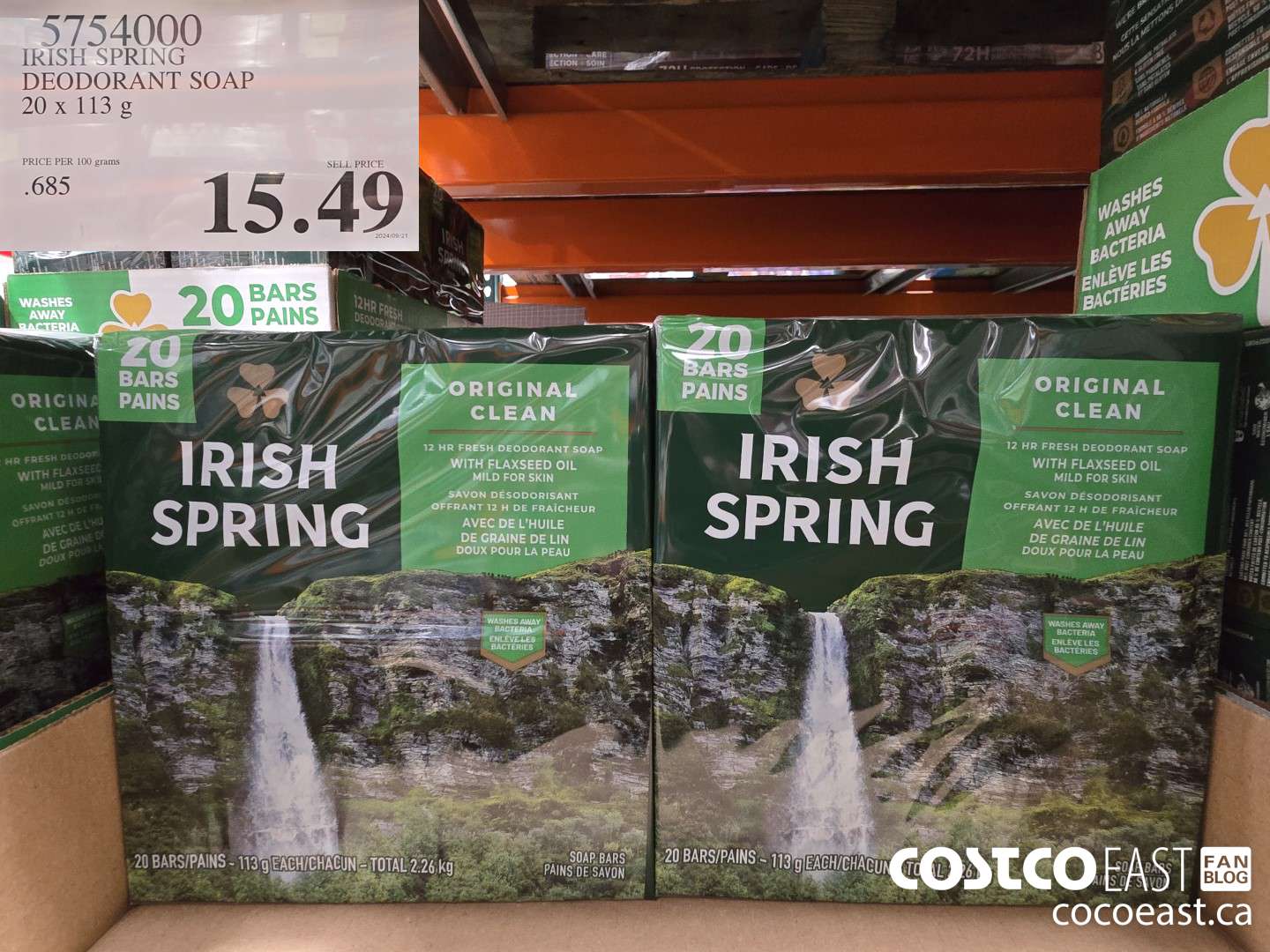 5754000 IRISH SPRING DEODORANT SOAP 20 X 113 G $15.49