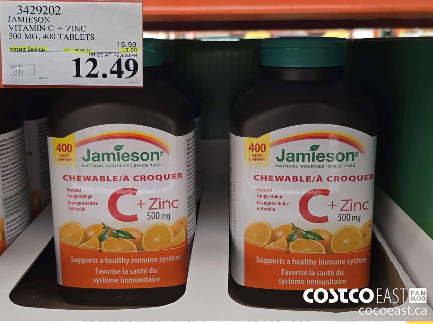 3429202 JAMIESON VITAMIN C+ZINC 500MG 400 TABLET ($3.50 INSTANT SAVINGS EXPIRES ON 2025-01-26) $12.49