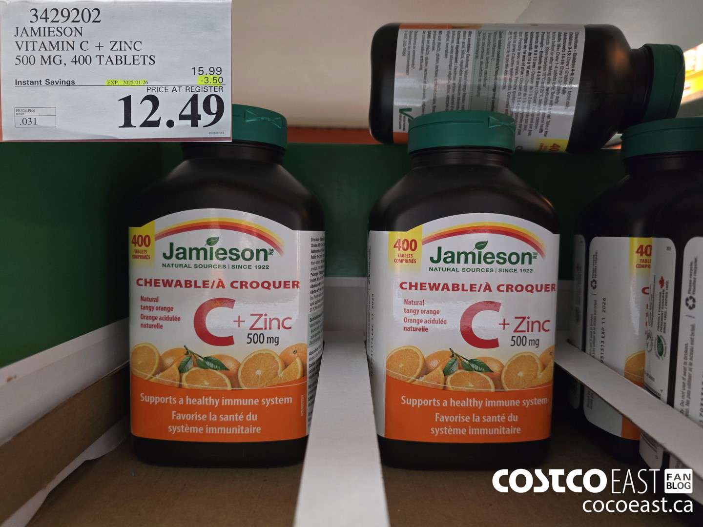 3429202 JAMIESON VITAMIN C+ZINC 500MG 400 TABLET ($3.50 INSTANT SAVINGS EXPIRES ON 2025-01-26) $12.49