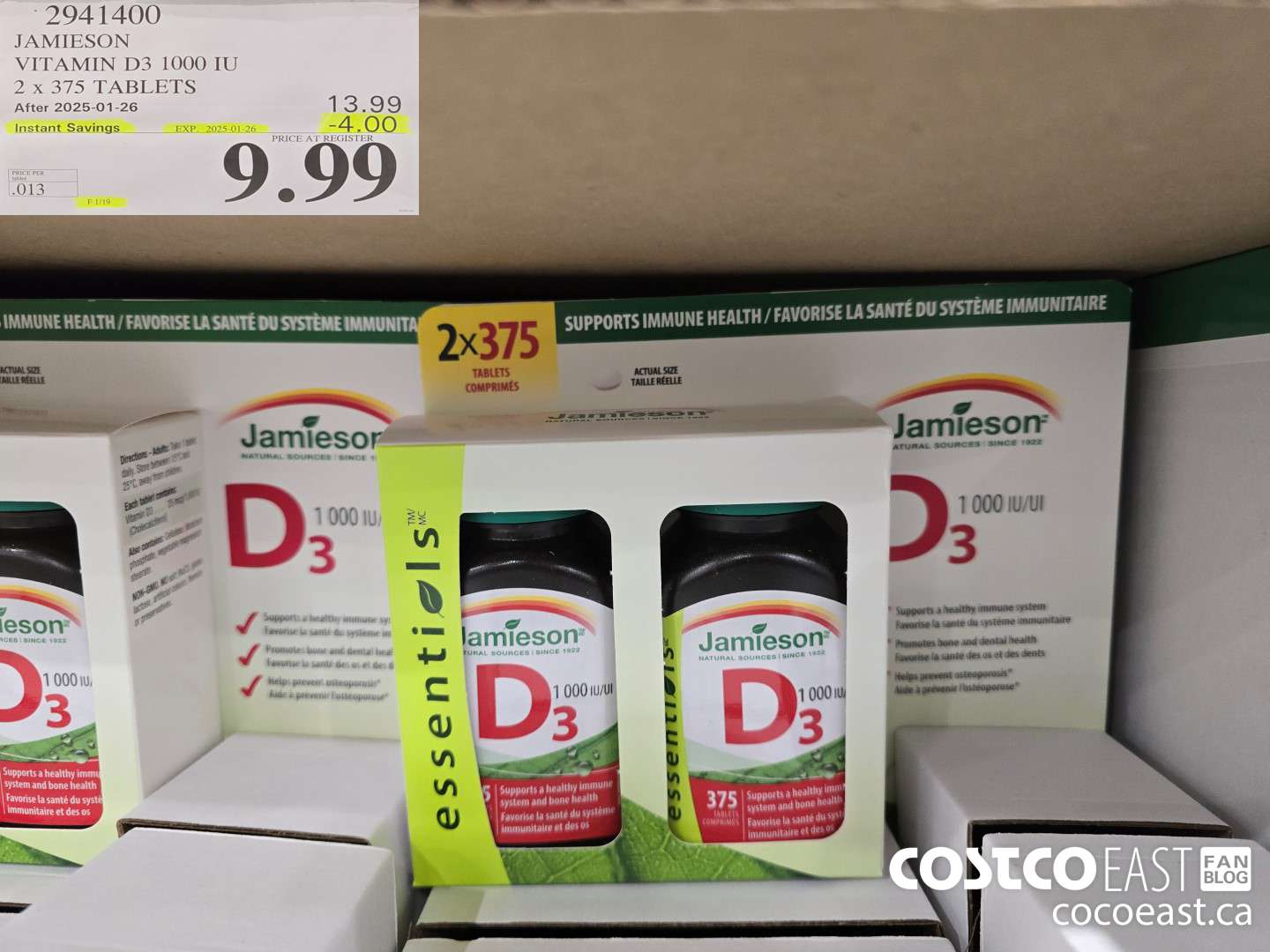 2941400 JAMIESON VITAMIN D3 1000 IU 2 X 375 TABLETS ($4.00 INSTANT SAVINGS EXPIRES ON 2025-01-26) $9.99