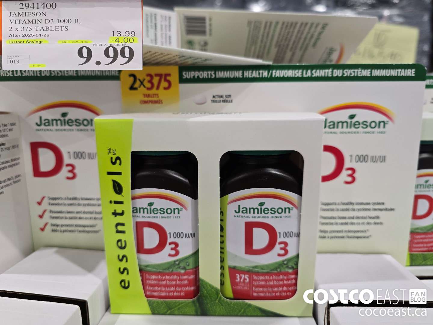 2941400 JAMIESON VITAMIN D3 1000 IU 2 X 375 TABLETS ($4.00 INSTANT SAVINGS EXPIRES ON 2025-01-26) $9.99