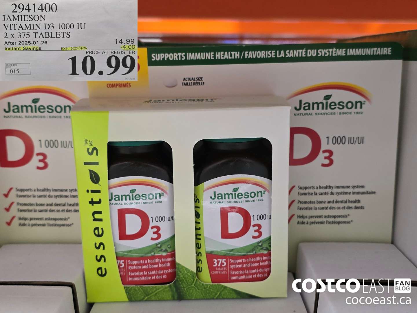 2941400 JAMIESON VITAMIN D3 1000 IU 2 X 375 TABLETS ($4.00 INSTANT SAVINGS EXPIRES ON 2025-01-26) $10.99