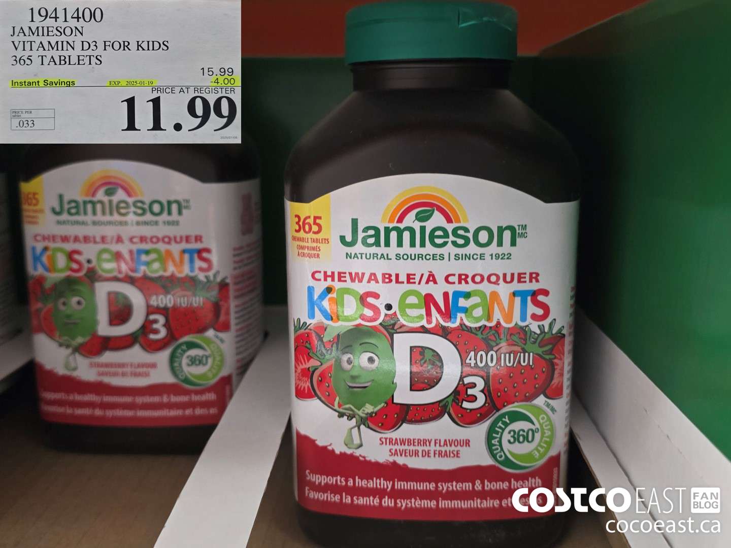 1941400 JAMIESON VITAMIN D3 FOR KIDS 365 TABLETS ($4.00 INSTANT SAVINGS EXPIRES ON 2025-01-19) $11.99