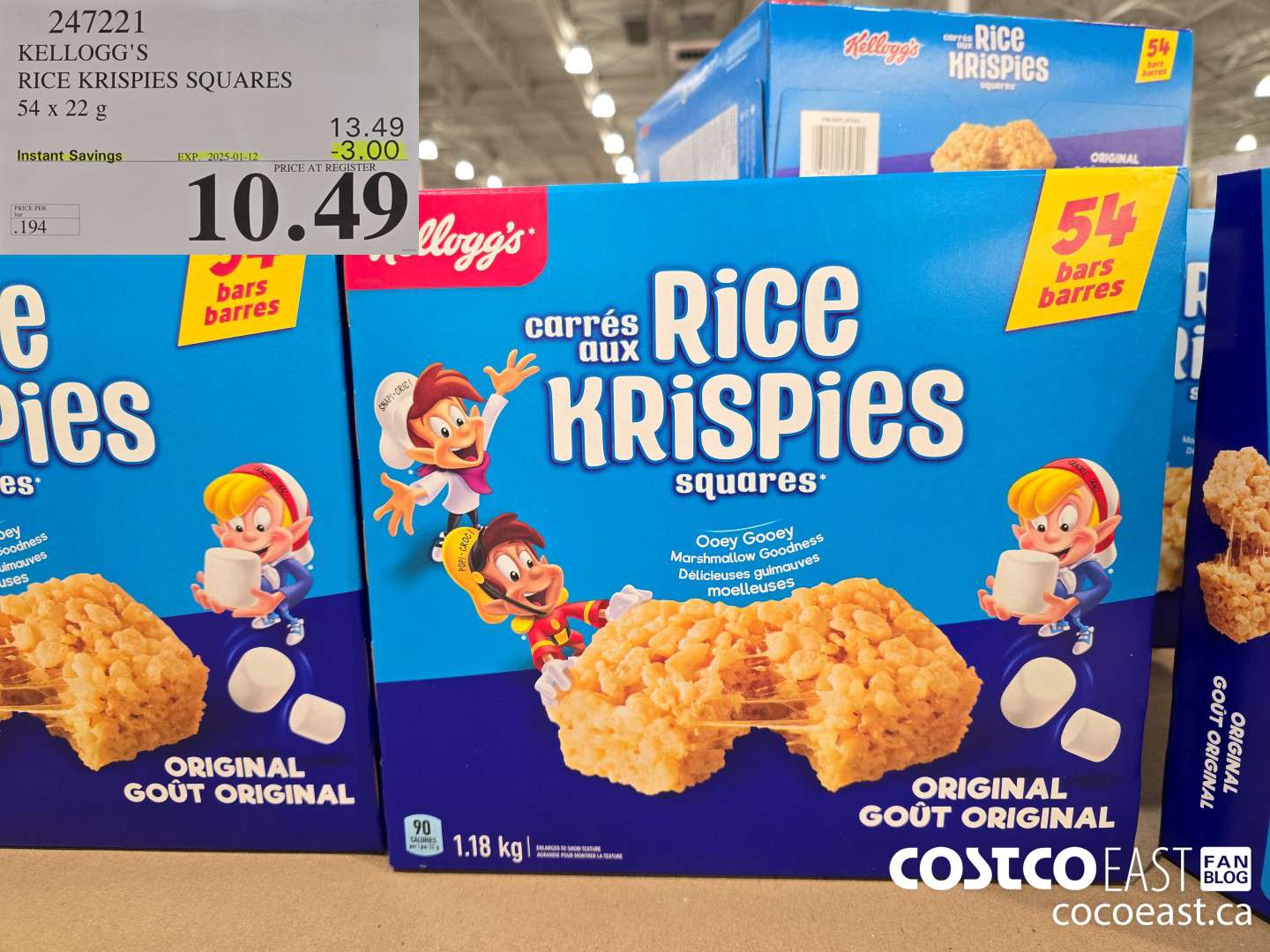 247221 KELLOGG'S RICE KRISPIES SQUARES 54 X 22 G ($3.00 INSTANT SAVINGS EXPIRES ON 2025-01-12) $10.49