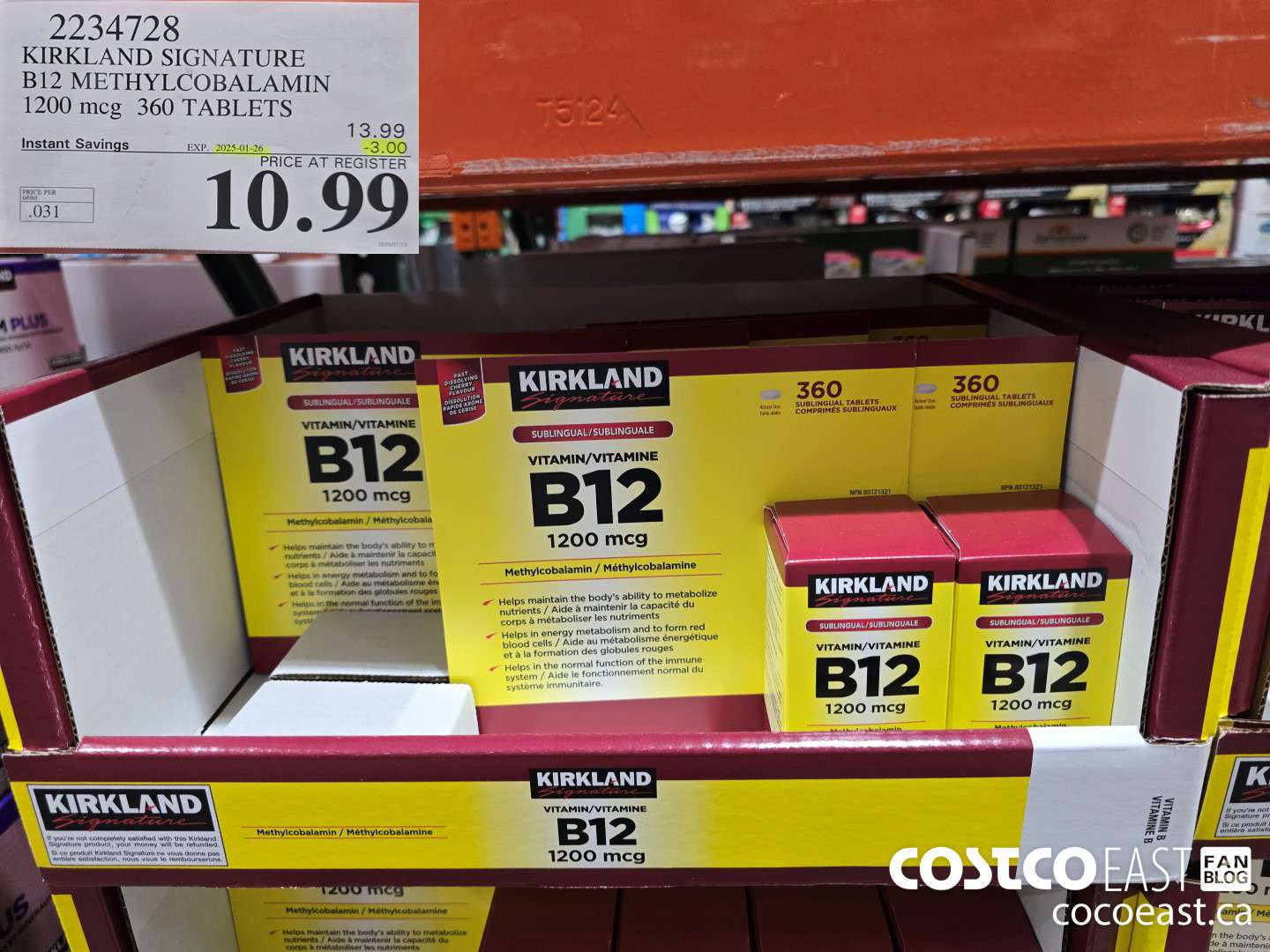 2234728 KIRKLAND SIGNATURE B12 METHYLCOBALAMIN 1200mcg 360 TABLETS ($3.00 INSTANT SAVINGS EXPIRES ON 2025-01-26) $10.99