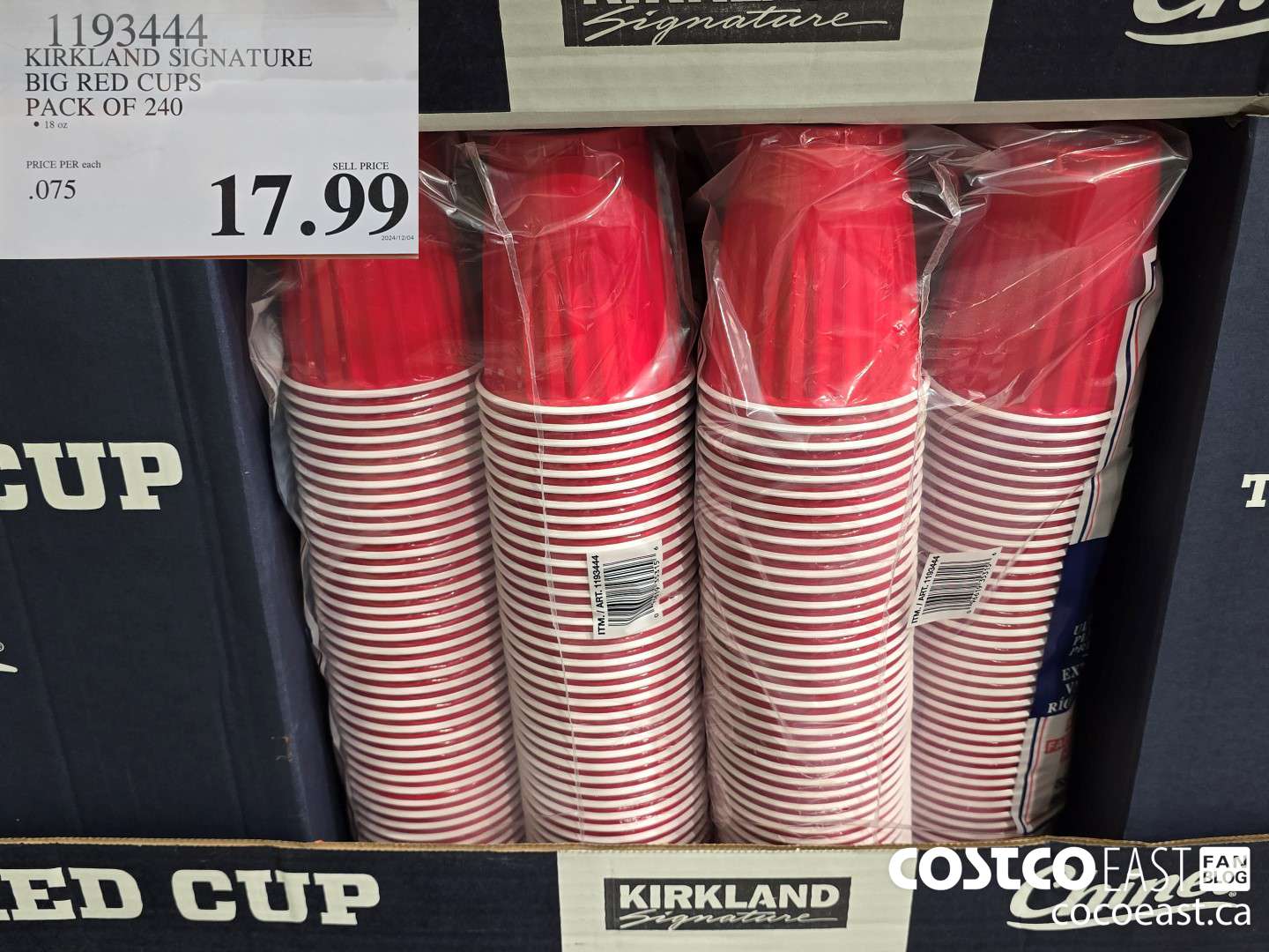 1193444 KIRKLAND SIGNATURE BIG RED CUPS PACK OF 240 $17.99