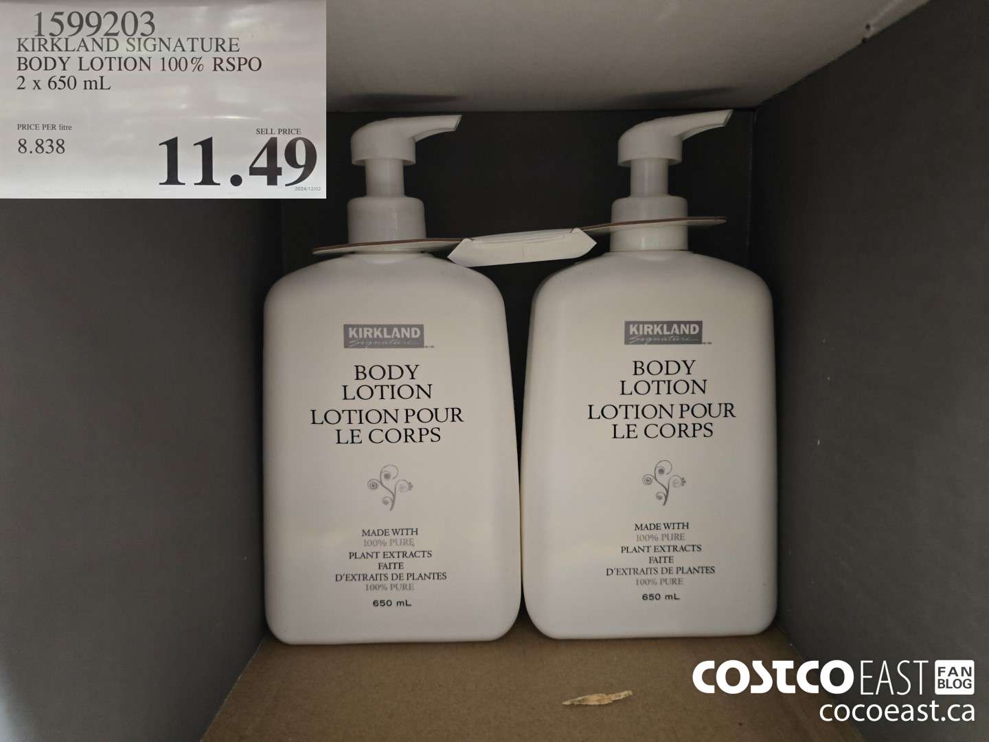 1599203 KIRKLAND SIGNATURE BODY LOTION 100% RSPO 2 x 650 mL $11.49