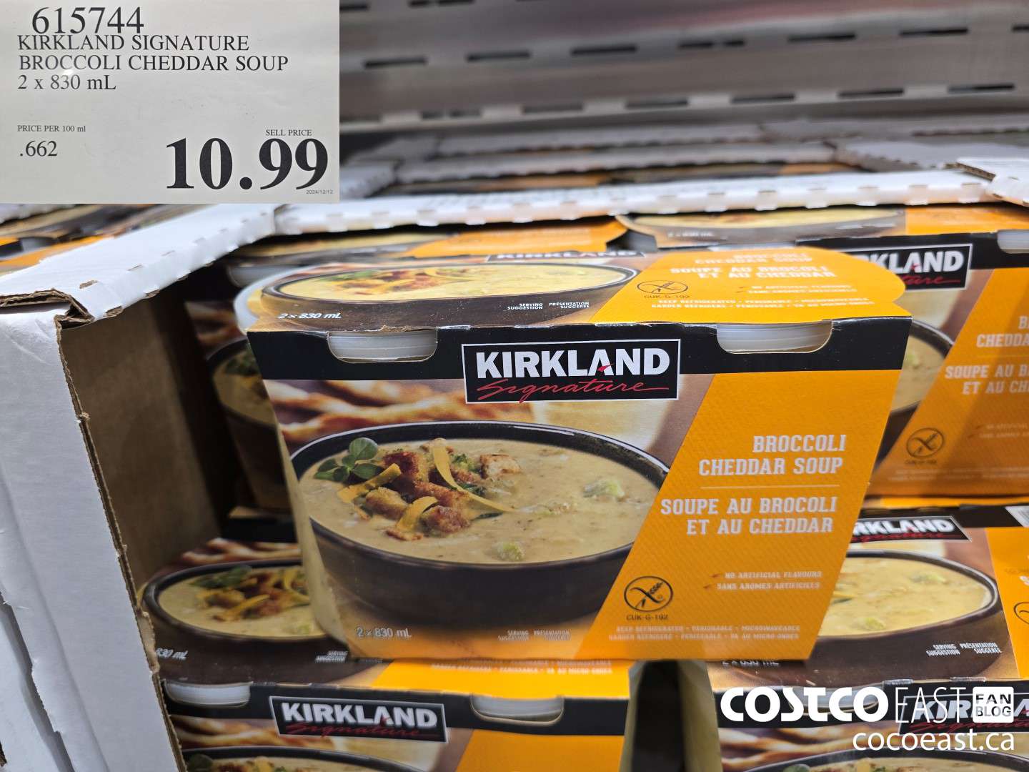615744 KIRKLAND SIGNATURE BROCCOLI CHEDDAR SOUP 2 x 830 mL $10.99