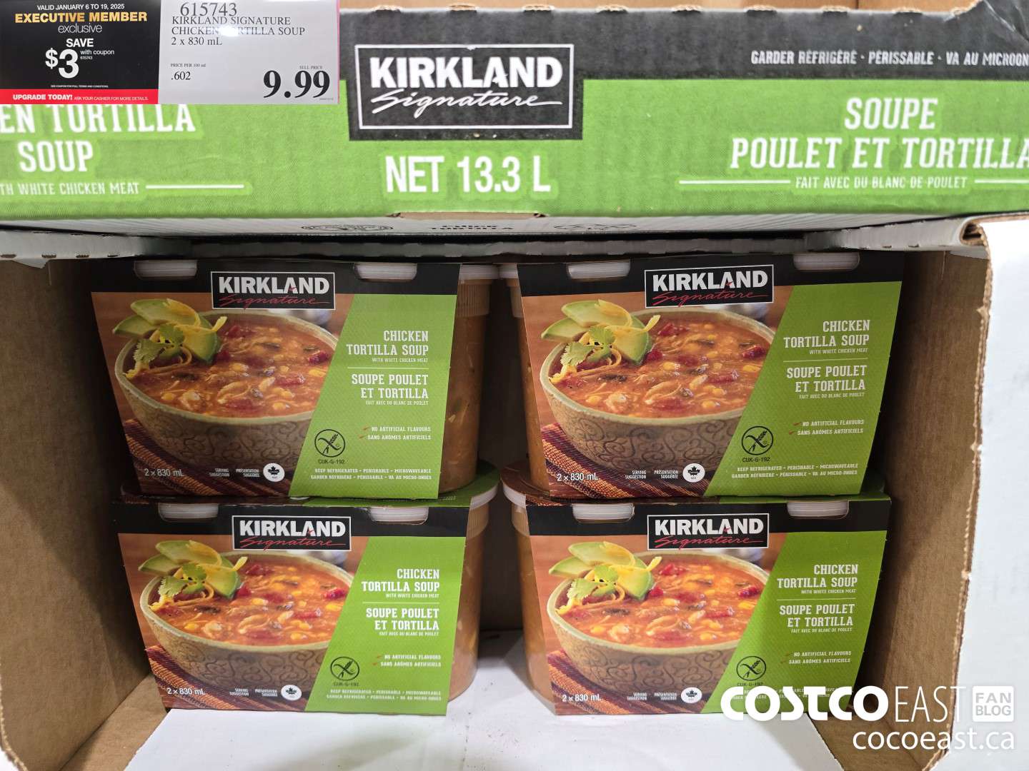615743 KIRKLAND SIGNATURE CHICKEN TORTILLA SOUP 2 X 830 ML ($3.00 INSTANT SAVINGS EXPIRES ON 2025-01-19) $6.99