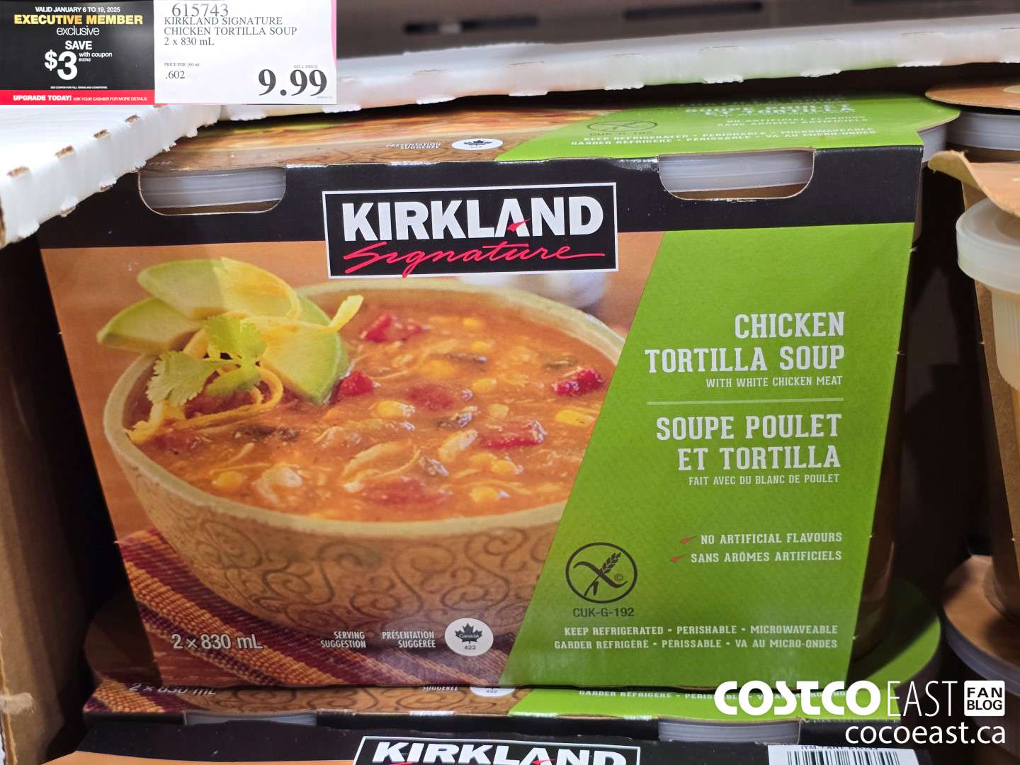 615743 KIRKLAND SIGNATURE CHICKEN TORTILLA SOUP 2 X 830 ML ($3.00 INSTANT SAVINGS EXPIRES ON 2025-01-19) $6.99