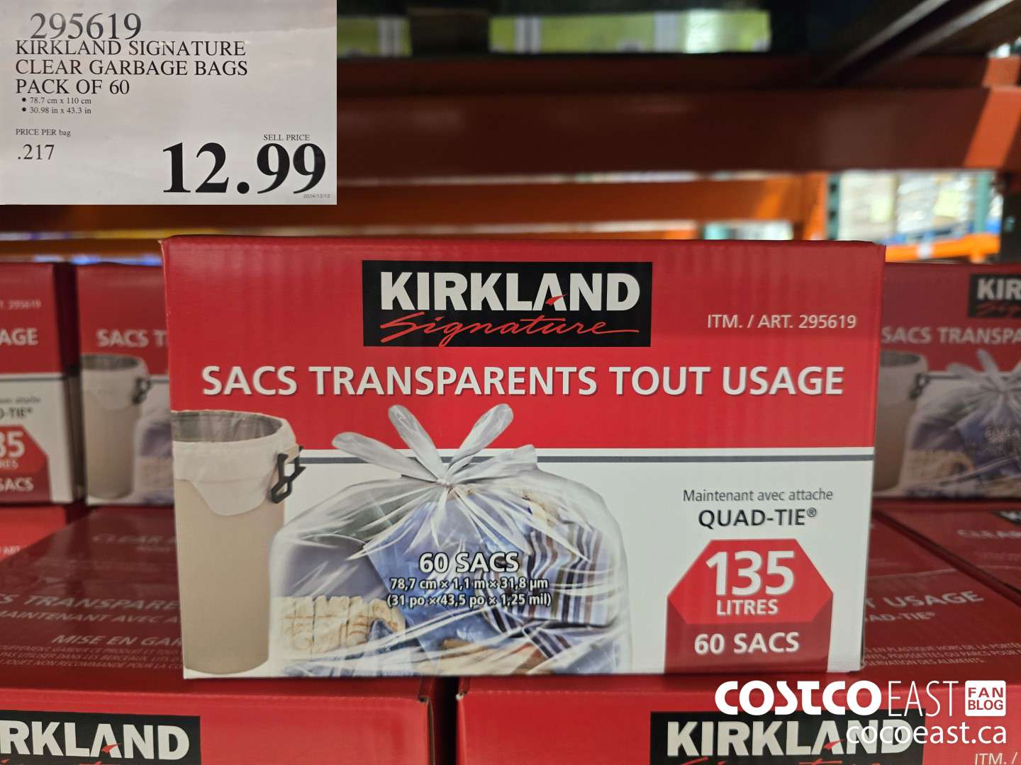295619 KIRKLAND SIGNATURE CLEAR GARBAGE BAGS PACK OF 60 $12.99