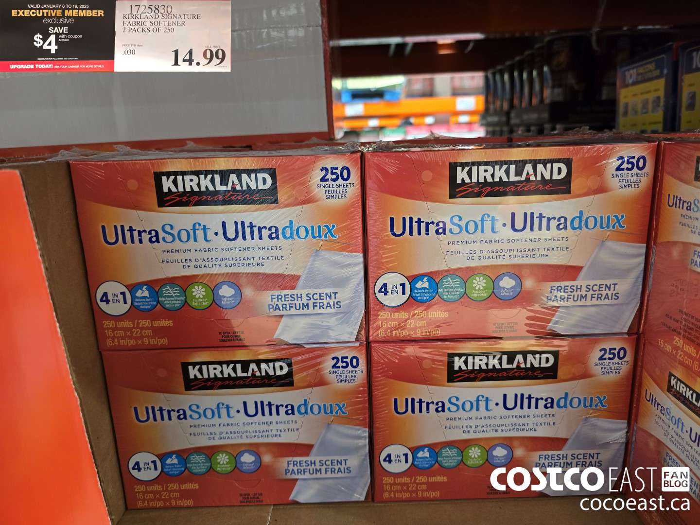 1725830 KIRKLAND SIGNATURE FABRIC SOFTENER 2 PACKS OF 250 ($4.00 INSTANT SAVINGS EXPIRES ON 2025-01-19) $9.99