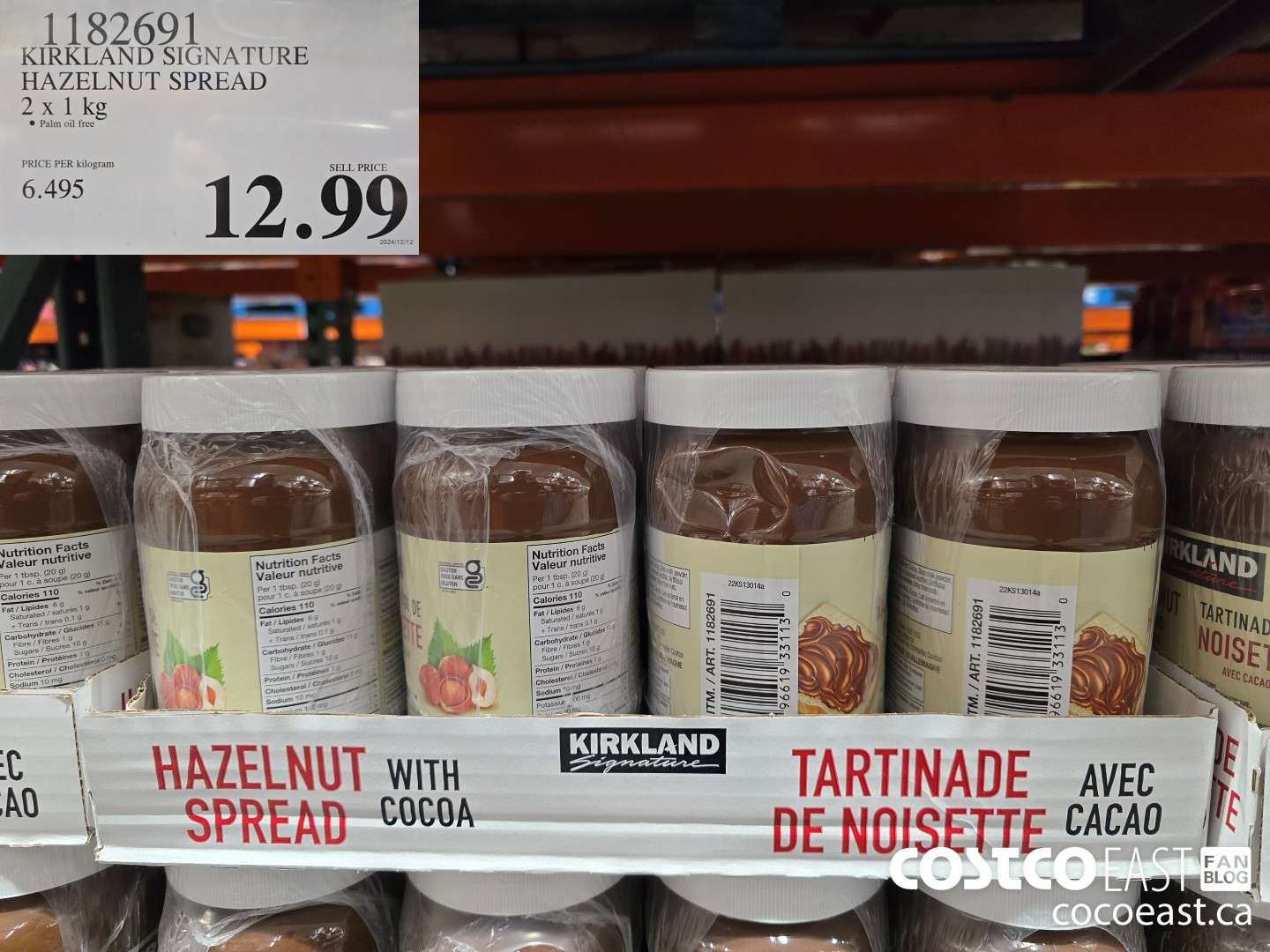 1182691 KIRKLAND SIGNATURE HAZELNUT SPREAD 2 X 1 KG $12.99