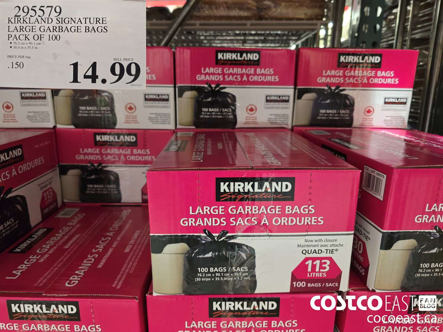 295579 KIRKLAND SIGNATURE LARGE GARBAGE BAGS PACK OF 100 $14.99