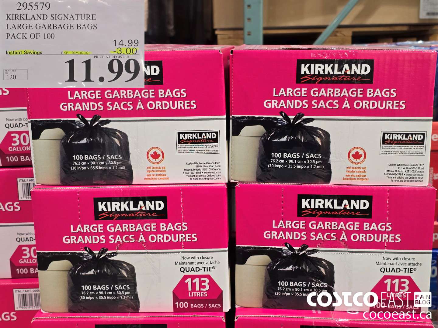 295579 KIRKLAND SIGNATURE LARGE GARBAGE BAGS PACK OF 100 ($3.00 INSTANT SAVINGS EXPIRES ON 2025-02-02) $11.99