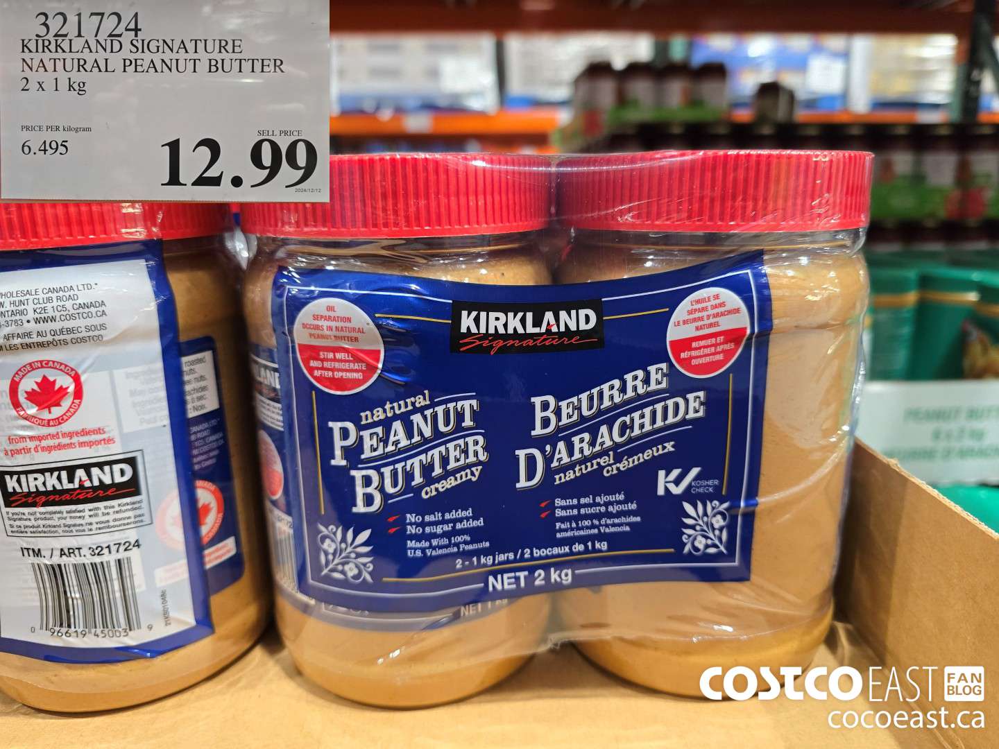 321724 KIRKLAND SIGNATURE NATURAL PEANUT BUTTER 2 X 1 KG $12.99