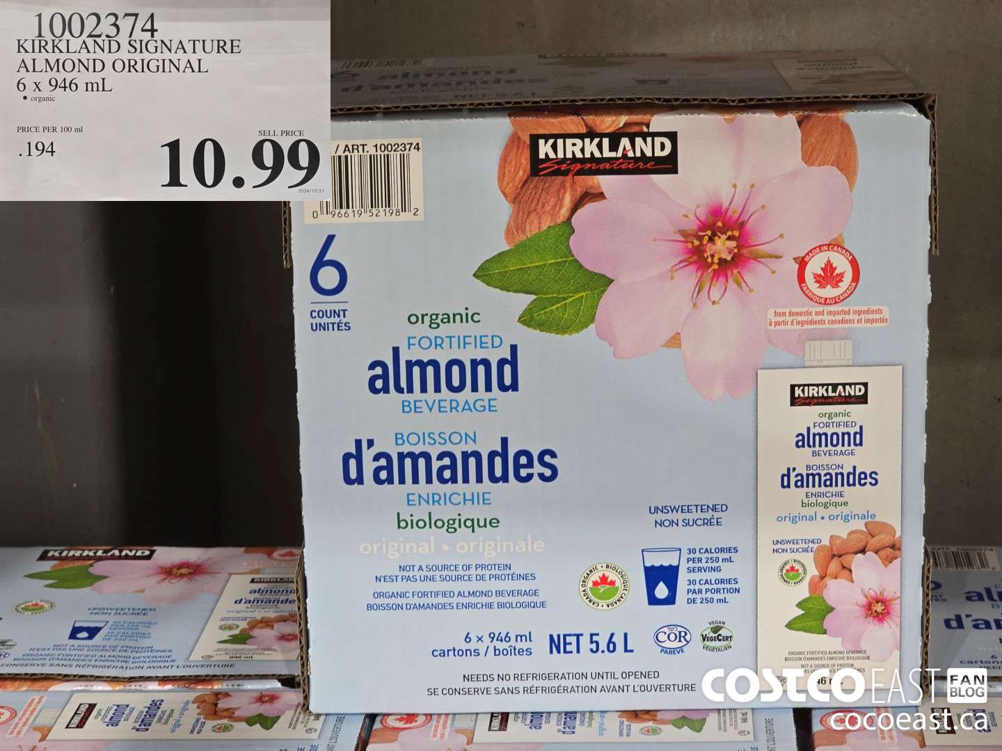 1002374 KIRKLAND SIGNATURE ORG ALMOND ORIGINAL 6 x 946 mL $10.99