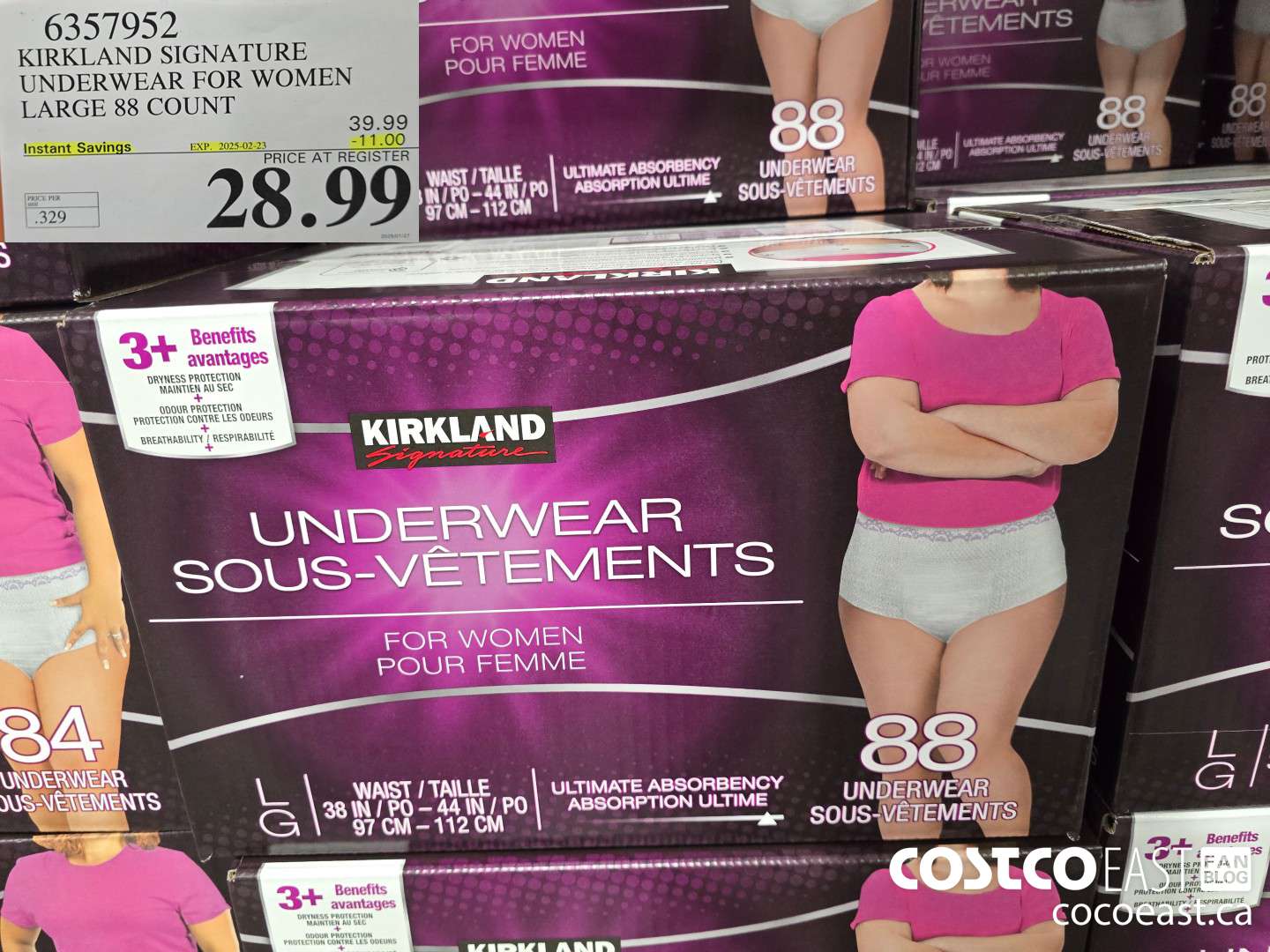 6357952 KIRKLAND SIGNATURE PROTECTIVE UNDERWEAR WOMEN LG 88 COUNT ($11.00 INSTANT SAVINGS EXPIRES ON 2025-02-23) $28.99