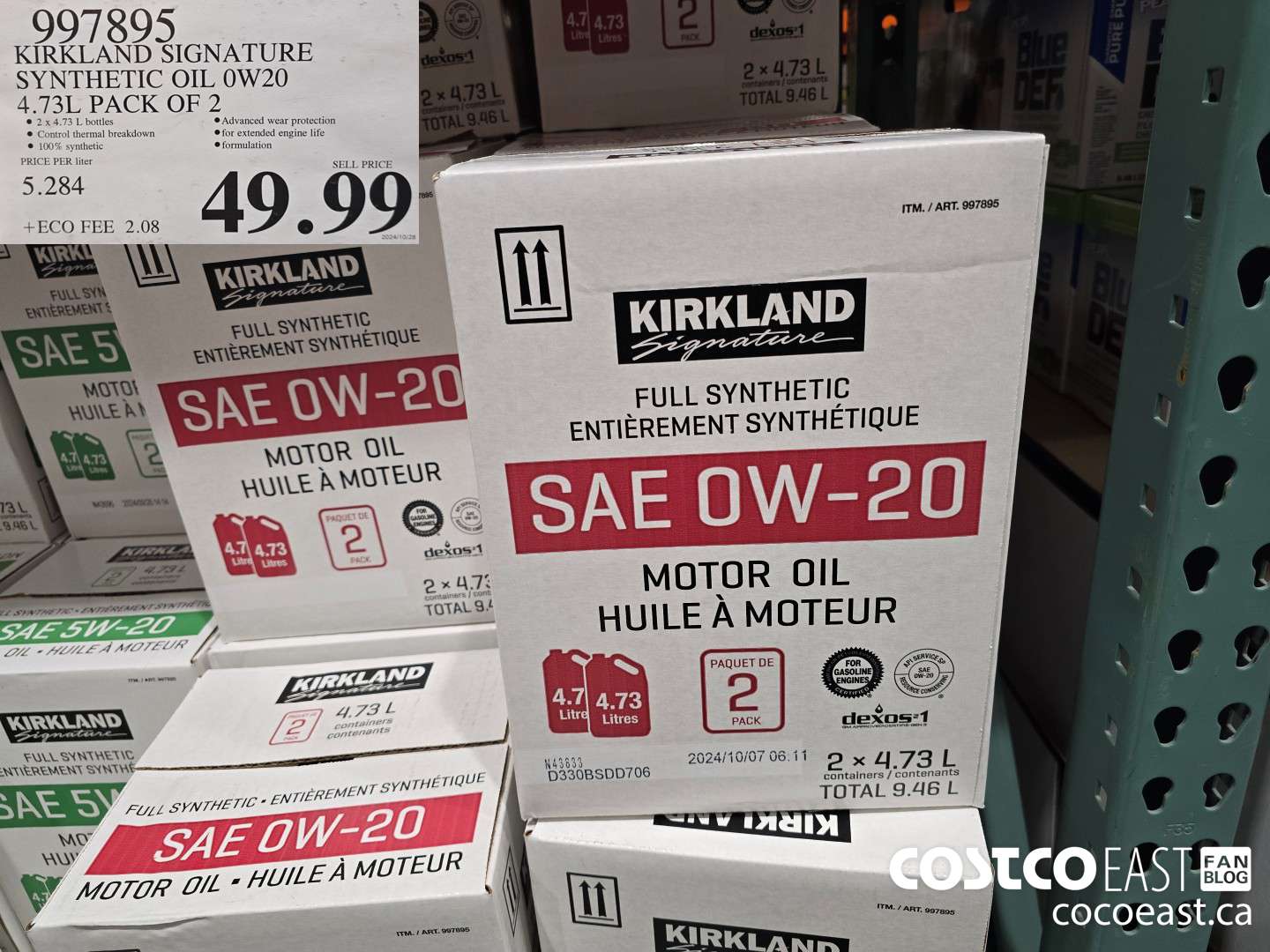 997895 KIRKLAND SIGNATURE SYNTHETIC OIL 0W20 4.73L PACK OF 2 $49.99