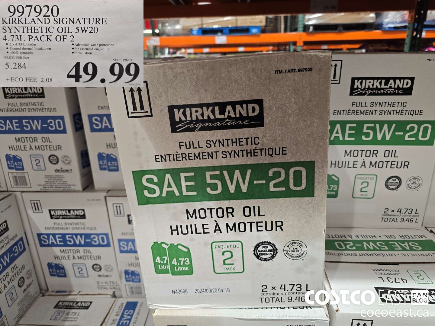 997920 KIRKLAND SIGNATURE SYNTHETIC OIL 5W20 4.73L PACK OF 2 $49.99