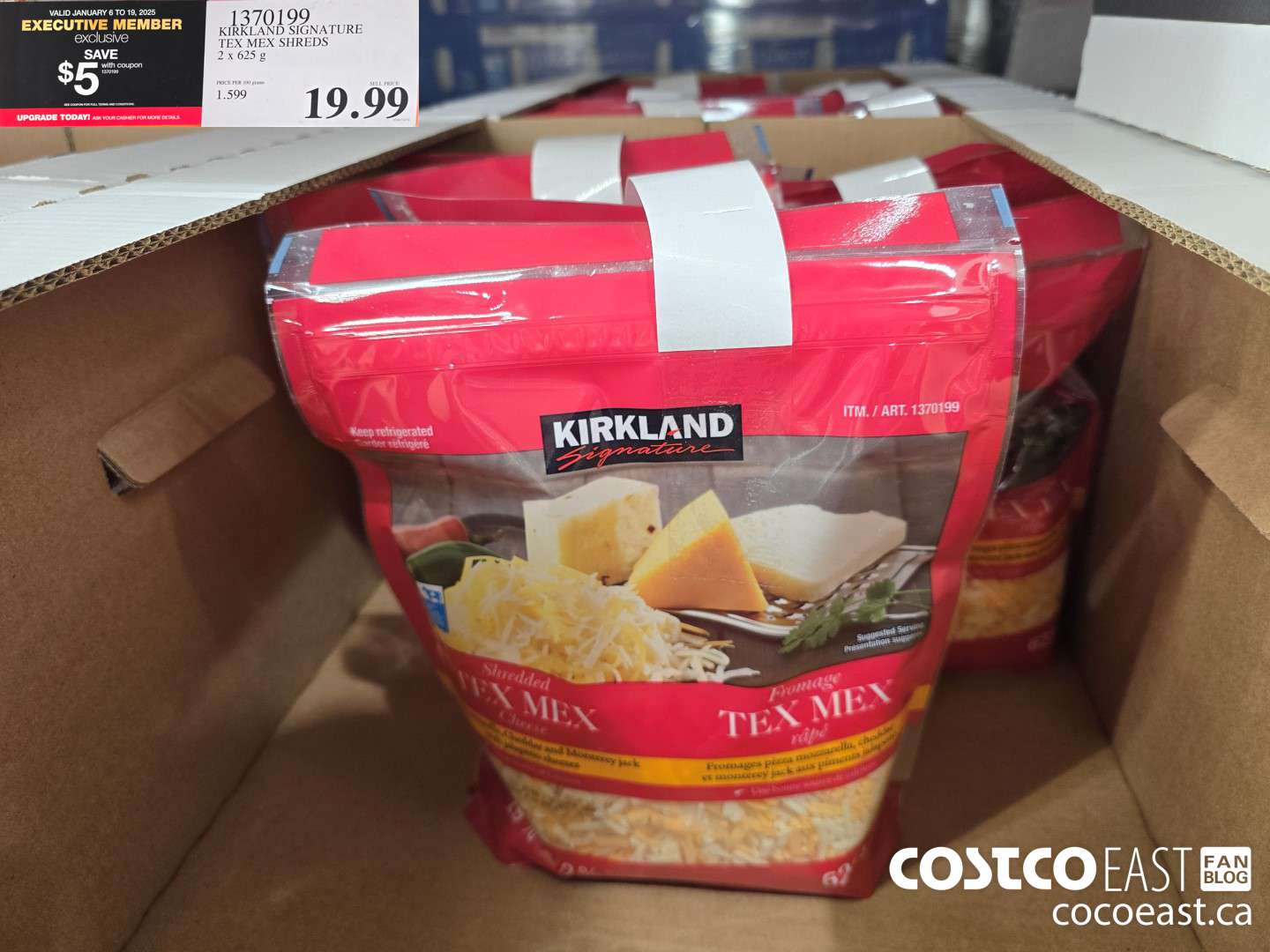 1370199 KIRKLAND SIGNATURE TEX MEX SHREDS 2 X 625G ($5.00 INSTANT SAVINGS EXPIRES ON 2025-01-19) $14.99