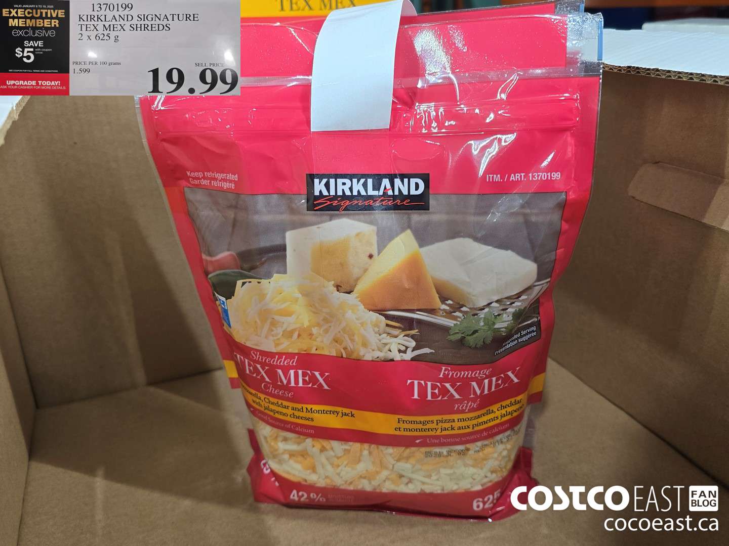 1370199 KIRKLAND SIGNATURE TEX MEX SHREDS 2 X 625G ($5.00 INSTANT SAVINGS EXPIRES ON 2025-01-19) $14.99