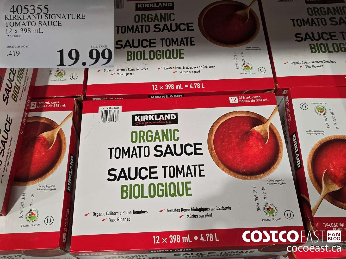405355 KIRKLAND SIGNATURE TOMATO SAUCE 12 x 398 mL $19.99